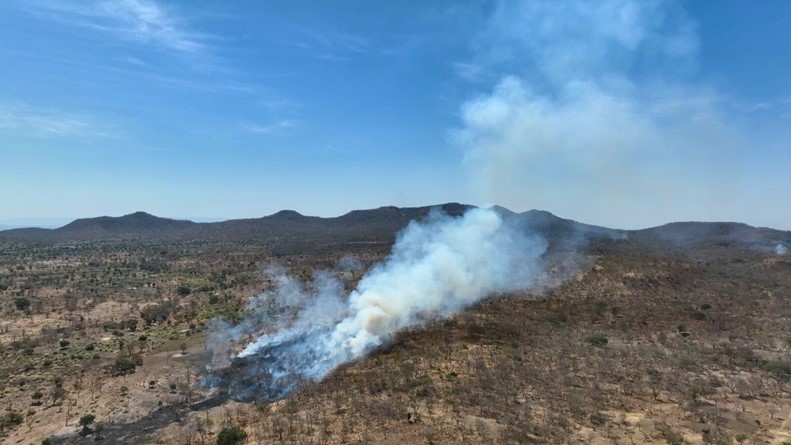 Aerial view of wildfire burning in Ethiopian forest